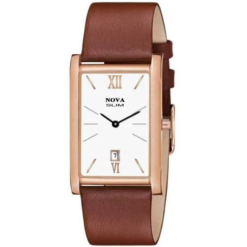 Nova Leather Slim Date Rose Gold With White Dial Plated Finish With Japanese Technology Wrist Watch