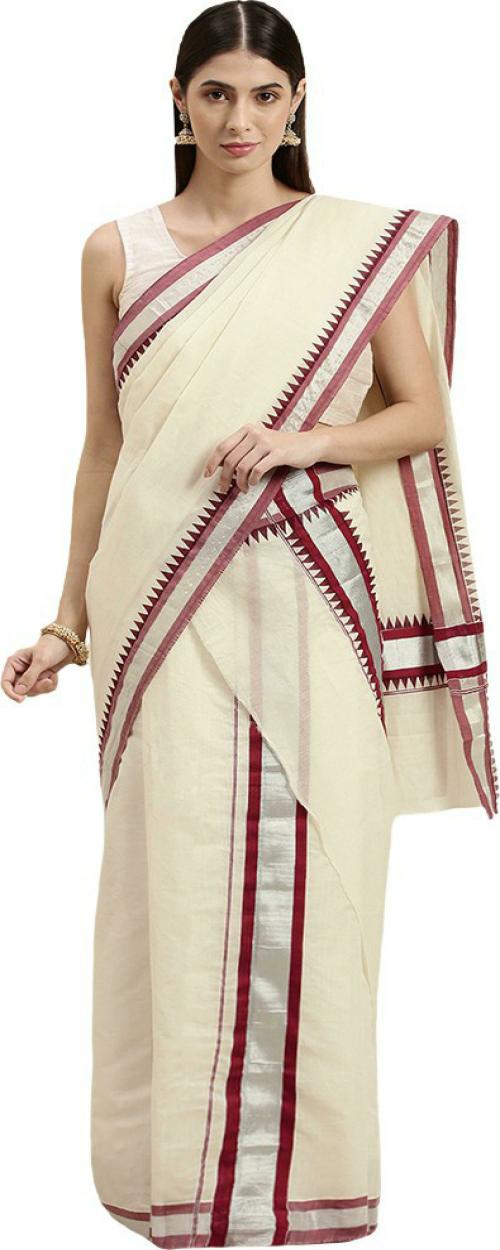 Thara Sarees Women Beige Self Design Cotton Blend Saree