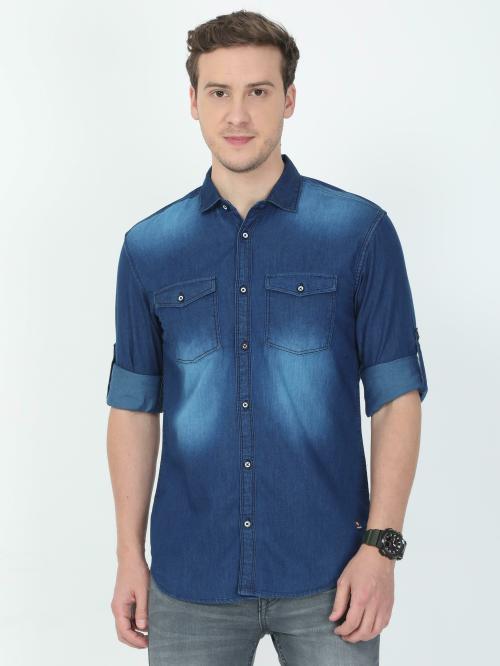 TORTUGA Men Dark Blue Solid Denim Casual Shirts (S)