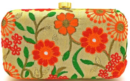 Tooba Handicraft Beige Velvet Women Designer Clutch Bag With Chain Strap