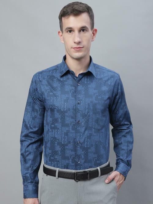 Cantabil Men Dark Blue Printed Party Wear Full Sleeves Shirt