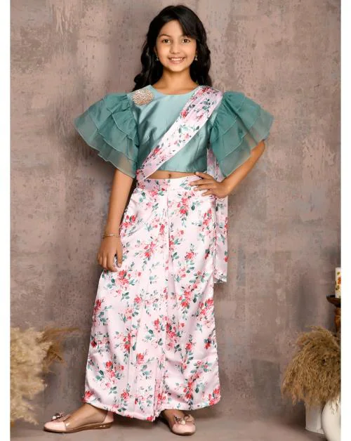 Lilpicks Girls Frill Sleeve Blouse With Floral Print Saree