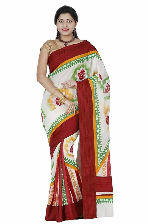 Fashionkiosks Women Red Cotton Tailor Made Laced Bordered Kasavu Kerala Saree And Blouse Piece