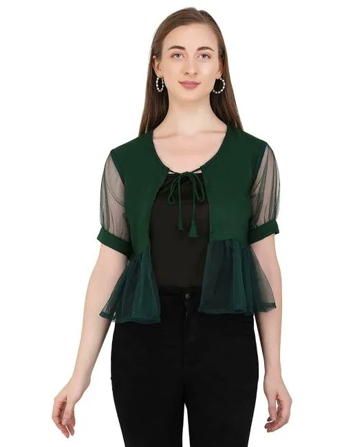 UNFAKENOW Women Dark Green Solid Cotton Blend Shrug