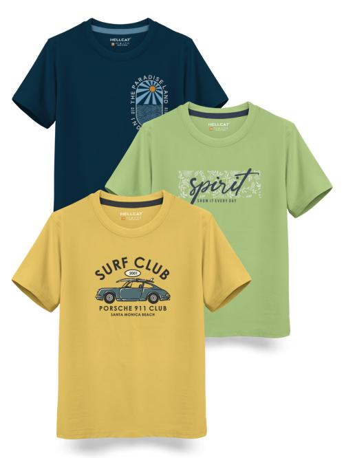 HELLCAT Trendy Mustard & Jade Green & Petrol Blue Graphic Printed Typo Graphic Cotton Blend Crew Neck / Round Neck Half Sleeve T-shirt for Boys | Non Returnable - Pack of 3