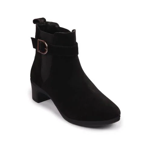 FAUSTO Women Black Flared Heel High Ankle Suede Leather Classic Winter Buckle Strap Chelsea Boots