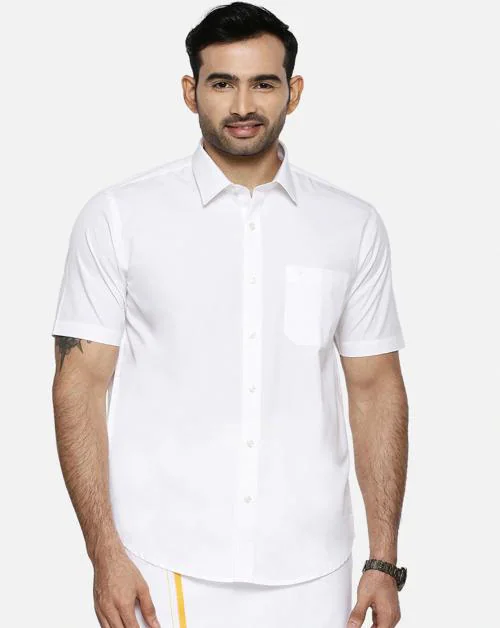 RAMRAJ Men's White Solid 100% Cotton Short Sleeve Shirt