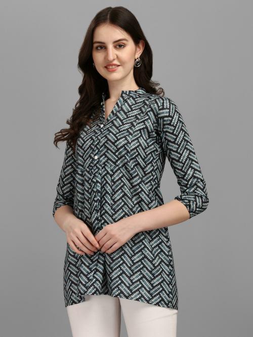 PINPOINT SELLER Women Green, Black Printed Cotton Blend Asymmetric Top (XXL)