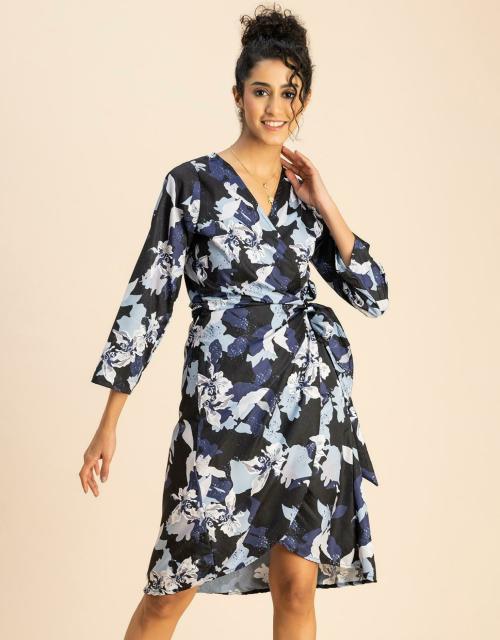 Buy Moomaya Long Sleeve V Neck Wrap Regular Fit Printed Dress Women's ...