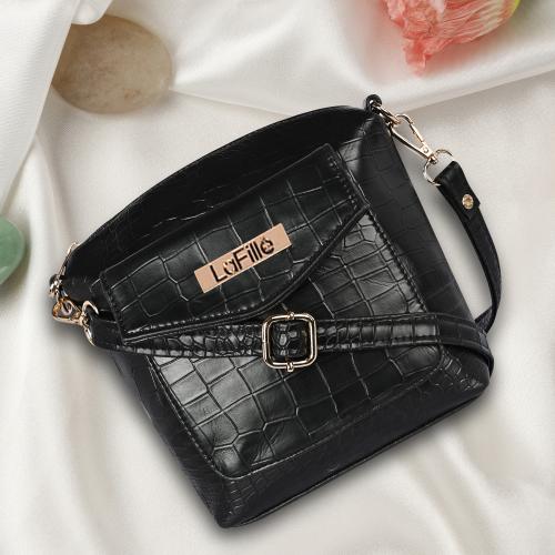 Lafille Polyurethane Leather Stylish Trendy All Season Siling Bag with Adjustable Sling Strap for Office| College| Casual Use For Women| Girls| Ladies (DGN256-Black)