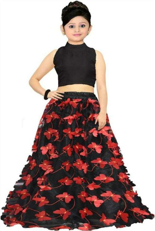 NIVUDI Girls Black Embellished Velvet, Net Lehenga and Crop Top (12 to 13 Years)