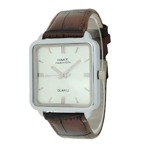 HMT FASHION Leather Strap Watch Square Dial 40mm Watch for Boys and Men HMTF1130 (Brown Strap - Silver Dial)