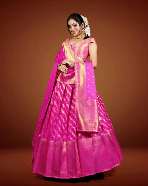 Buy HALFSAREE STUDIO Pink Banarasi Silk Zari Weaving Pattu Half Saree Online at Best Prices in