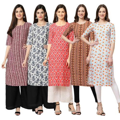 Ethnic Basket Women's Crepe Digital Print Straight Kurta [Pack of 5] {J-347-357-346-344-334-XXL}