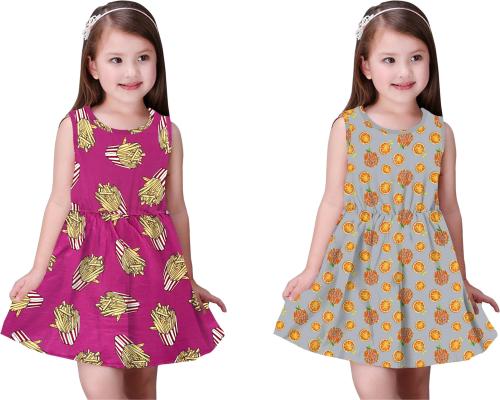 Pink Lion Girls Multicolor Cotton Lycra Pack Of 2 Above Knee Casual Sleeveless Dress (5 - 6 Years)