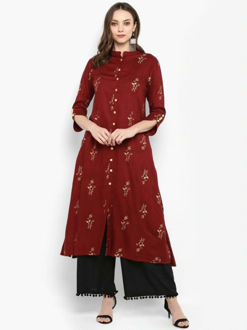 Meeranshi Women Maroon Rayon Printed Kurta Palazzo Set (Xxl)
