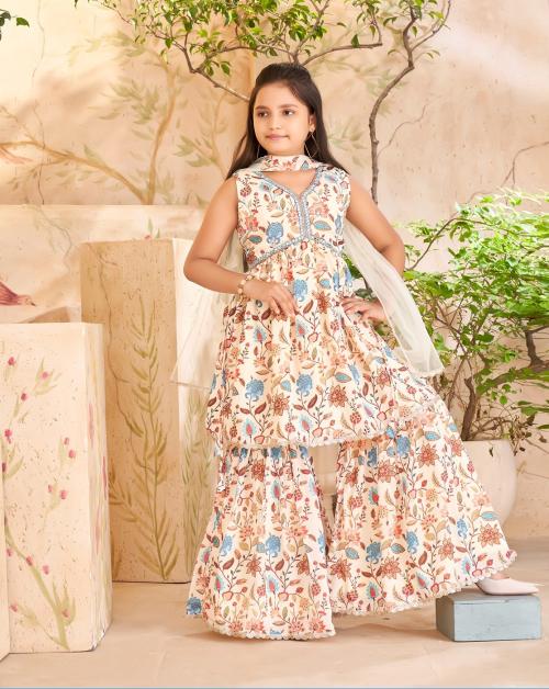 Buy Muhuratam Girls Ethnic Wear Lemon Colour Floral Print Beads Mirror Embroidery Silk Kurti ...