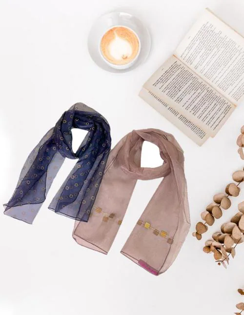 Ayesha Set of 2 Navy Blue & Brown Nylon Scarves with Gold Prints & Embellishments