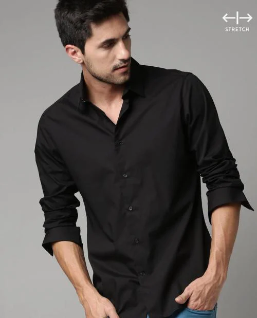 Ynk SHIRTS Men Black Solid Pure Cotton Slim Fit Casual Shirt (M)