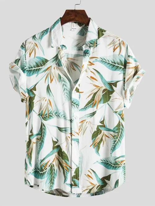 Feshopee Men White, Green Floral Print Cotton Blend Pack of 1 Beach Wear Shirt