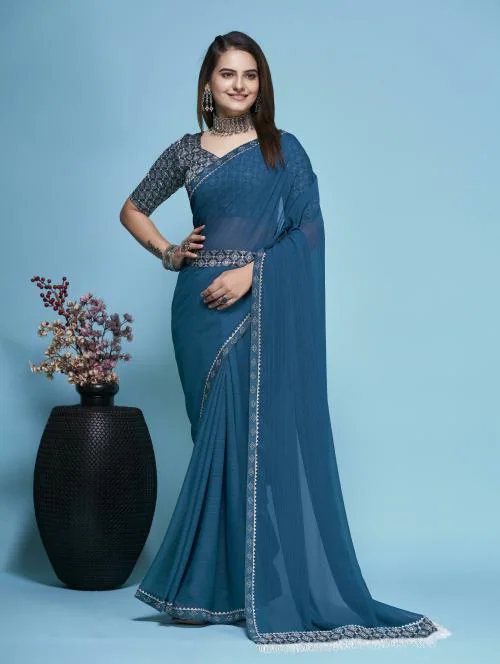 KRAVALLIKA CREATION Embellished Bollywood Chiffon Saree (Black)