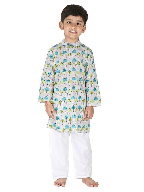Chheent Umbrella Print Grey Cotton Traditional Handloom Kurta With White Pyjama Set For Baby Boys (1-2 Years)