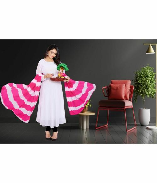 Harrica Women's White Full Sleeve Georgette Kurti with Dupatta