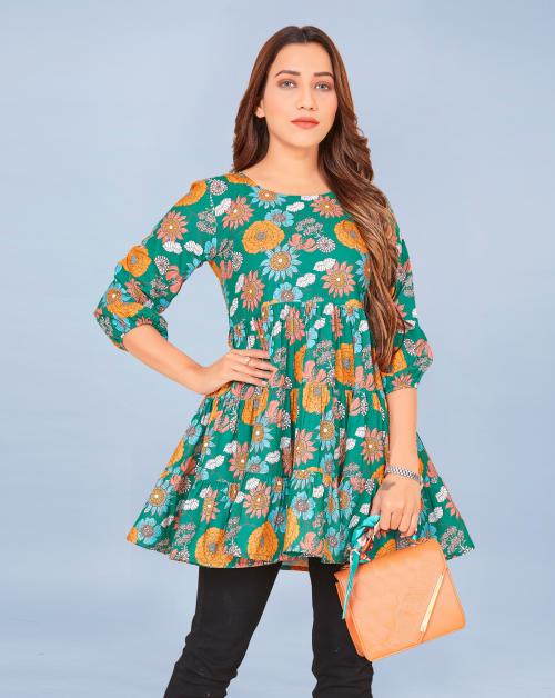 Fashion Dream Women Green Floral Printed Polyester Top | Women Top| Tops for Women|Women Floral Print Top| Printed Top| Women Casual Top | Women Tiered Top