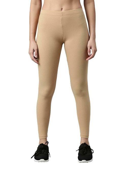 Go Colors Women Beige Solid Stretch Leggings