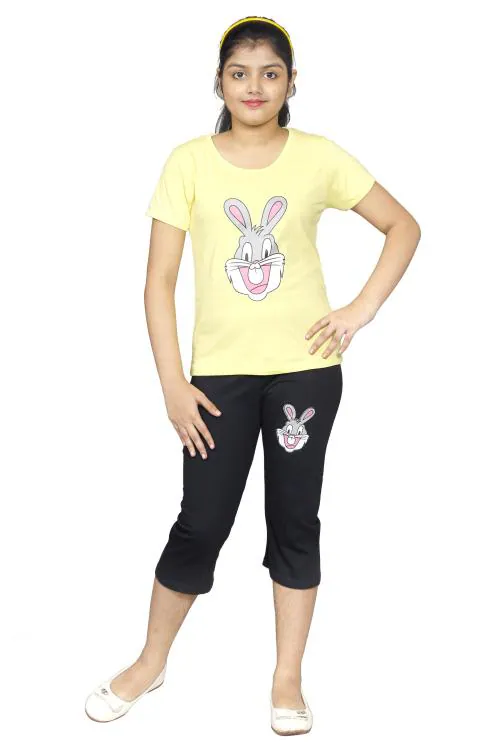 Yashvi Trends 100% Cotton Yellow Bunny Printed Nighwear for Kids Girls