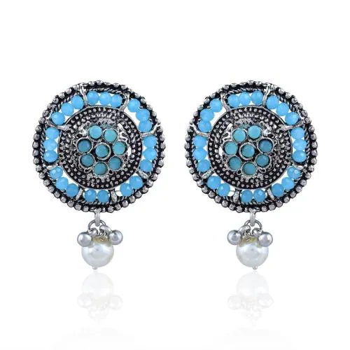 ADMIER Silver Oxidised round floral Design blue cz beads Studed fashion Earrings for girls women