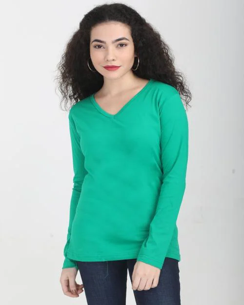 Fleximaa Women's Cotton Pakistan Green V Neck Full Sleeve T-Shirt