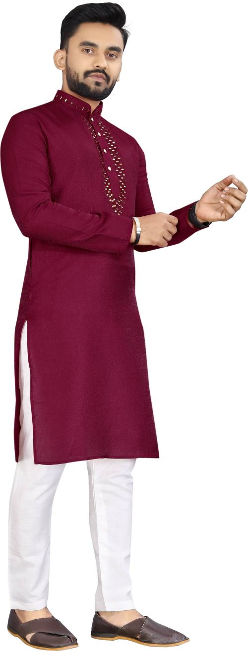 Well Tex Men Red Embroidered Cotton Silk Kurta And Pyjama Set (3Xl)