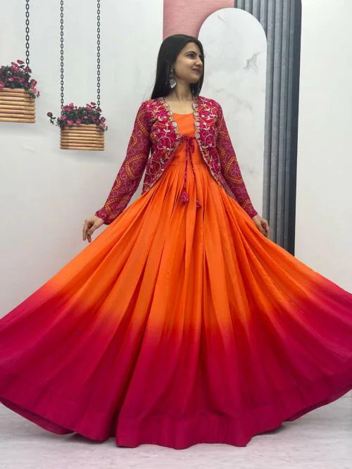 DHRUVINS Traditional Bandhej Jacket & Long Gown Set for Women - Stylish Ethnic Wear with Handcrafted Bandhani Design, Full Sleeve Jacket & Flared Gown - Perfect for Weddings & Festive Occasions - (orange - L)