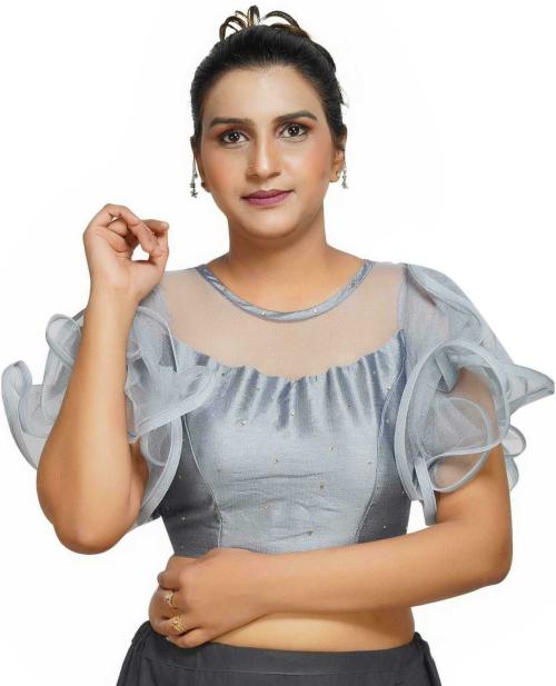 Trendzmy Women Grey Self Design Silk Blend Round Neck Blouse, Free Size