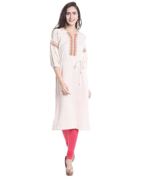 Fusion Beats Off White Embroidered Kurta With Tie Up Waist
