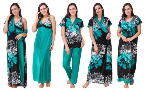 Keoti Women Satin Nighty/Robe/Honeymoon wear set - Pack of 5 (1 Robe, 1 Top, 1 Pyjama, 1 Night Gown & 1 Full Nighty)