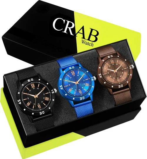 Crab Analog Multicolor Dial Multicolor Strap Watch For Men (Pack Of 3)