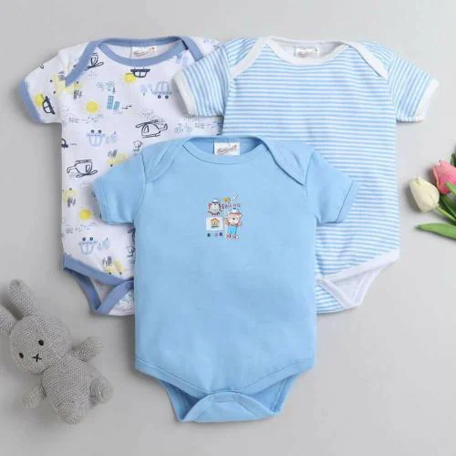 MM IMPEX Baby Boys and Girls Light Blue Striped, Printed Cotton Blend (Pack of 3) Romper 0-3 MONTHS| Rompers |Sleepsuits | Jumpsuit |Body suits