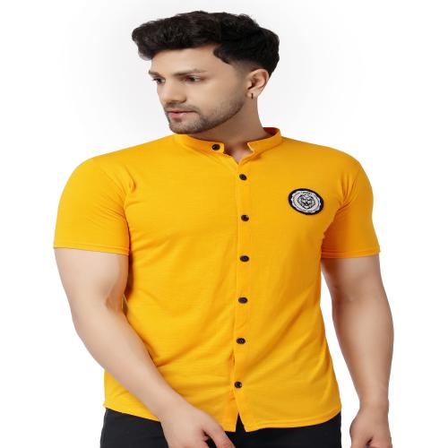 Tfurnish Men Black Solid Cotton Blend Mandarin Collar Shirt