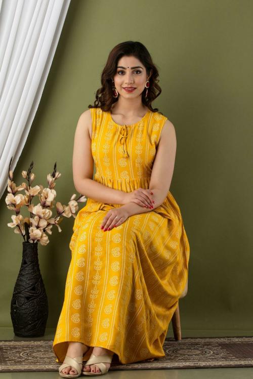 Surhi Women Yellow Printed Rayon Gown Dress