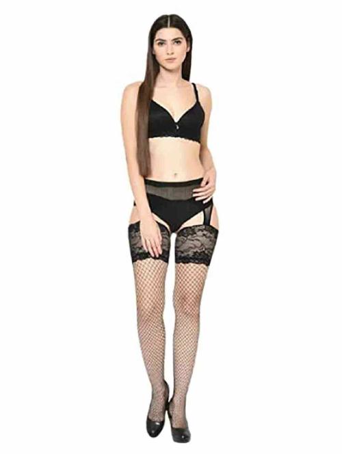 ogimi - ohh Give me Women Lace Top Floral Thigh High Stockings (Black)