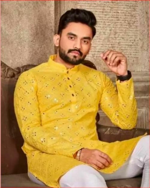 stylehoney Men's Cotton Long Sleeve Embroidered Mirror Work Kurta Yellow