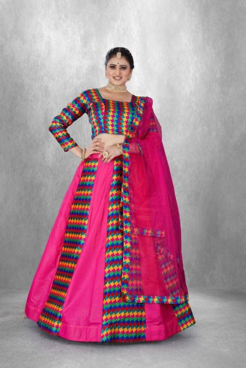 crownclub Women Pink Leheriya Cotton Blend and Jacquard Lehenga Choli and Dupatta Set - Free Size