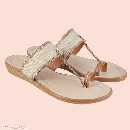 MK STYLE women flats slippers stylish model fashion flat casual daily use beige cream off white sandals t-strap flip flops for girls ladies slipper chappal (Tan)