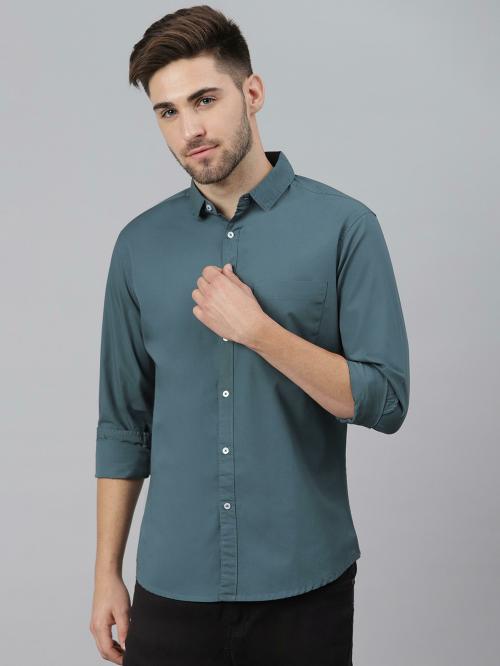 Dennis Lingo Men's Slim Fit Pure Cotton Solid Full Sleeves Casual Shirt (Peacock)