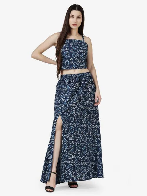 Popwings Women Casual Indigo Blue Bagru Printed Crop Top and Skirt Co-Ords Set