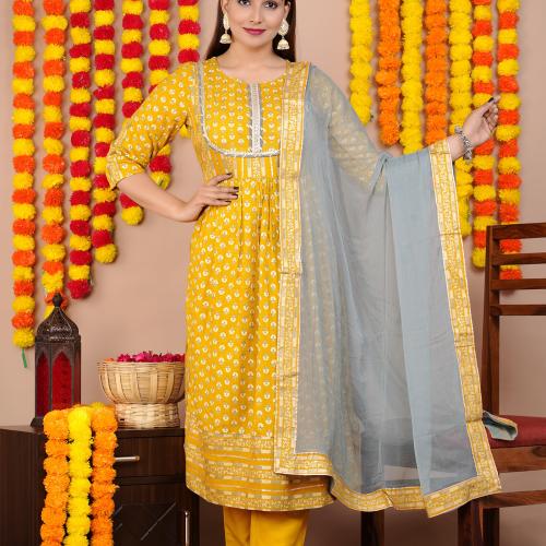 Unisets Women Yellow Embroidered Viscose Rayon Kurta, Pyjama and Dupatta Set