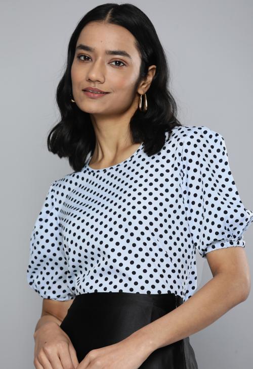 KVS FAB Women Blue Polka Print Crepe Hip Length Regular Top