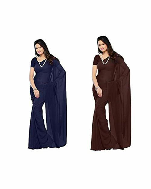 ORRUV Women Navy Blue and Coffee Brown Solid Georgette Saree with Blouse Piece (Pack of 2)
